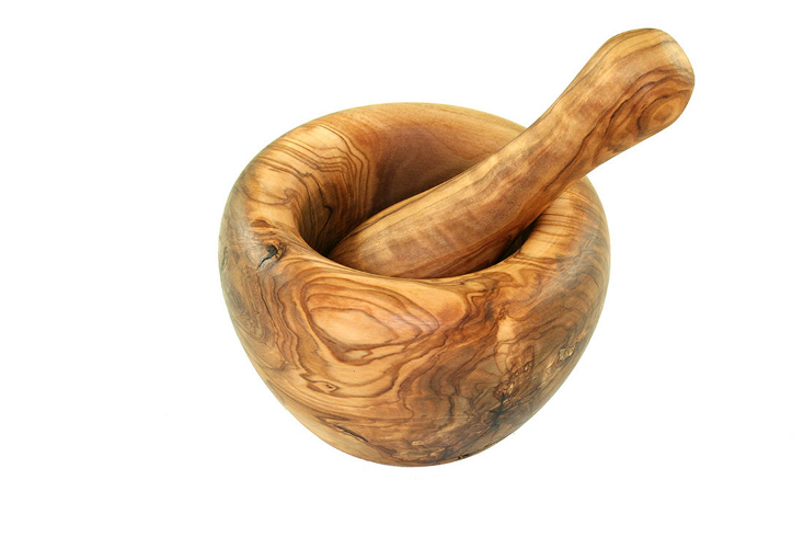 Mörser mit Stößel, Olivenholz