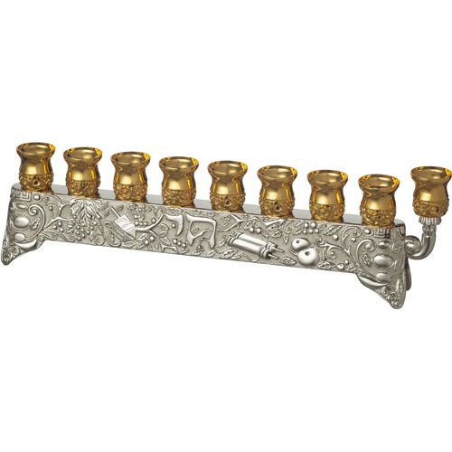 Aufwendig verzierte Chanukkia, silber-gold